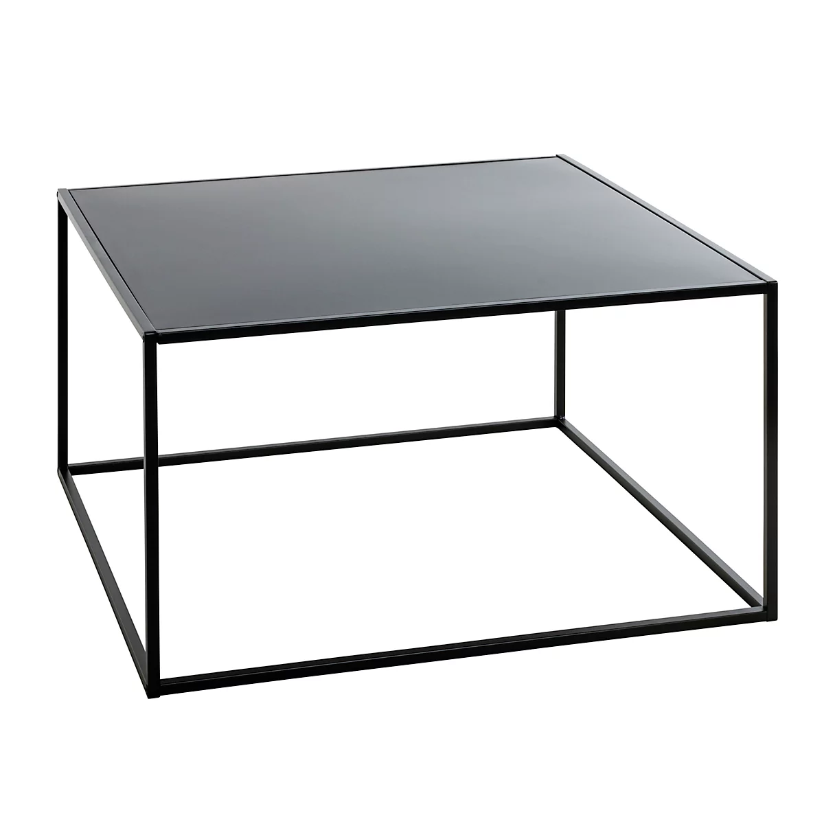 Vierkante salontafel, zwart glazen blad, metalen frame.
