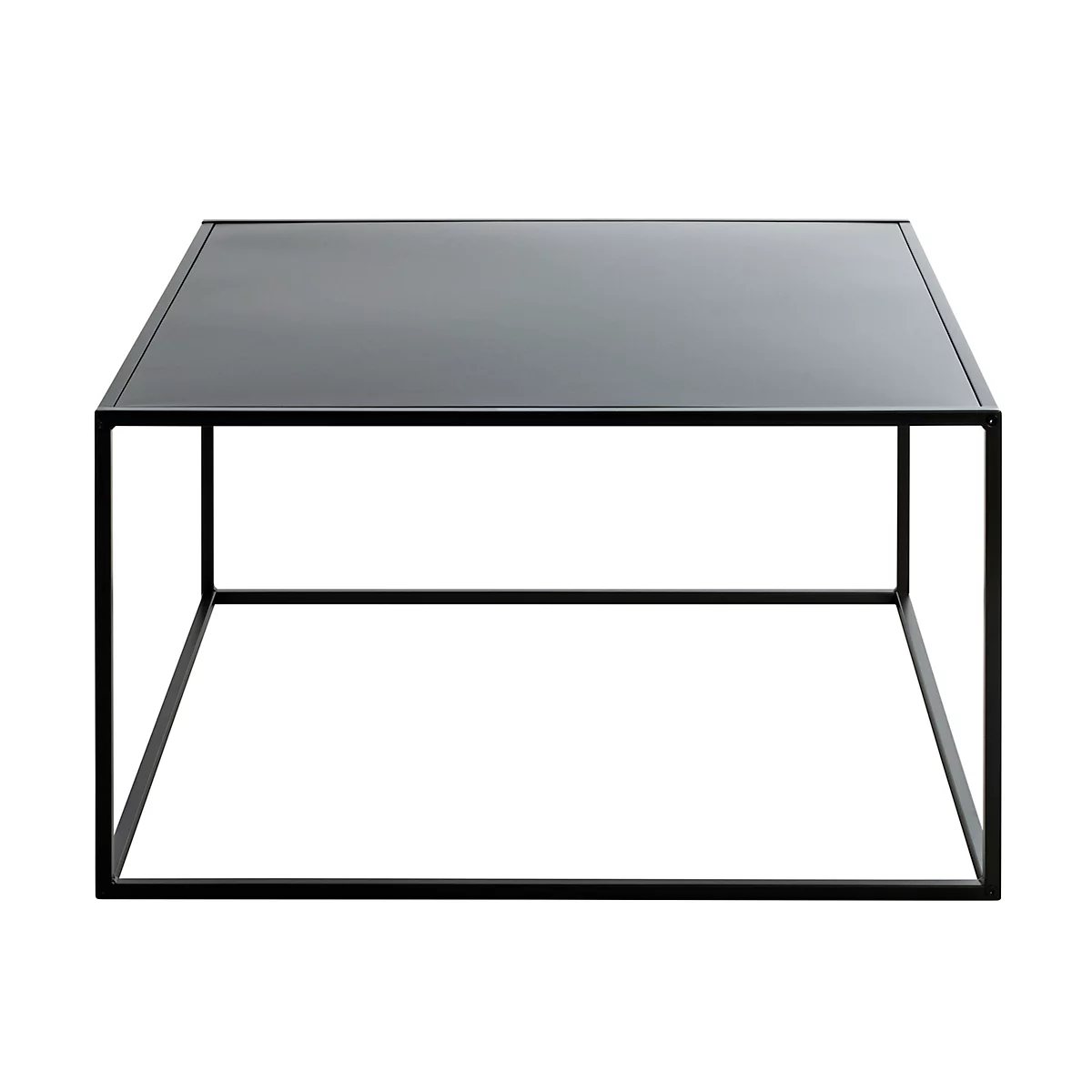 Vierkante salontafel met een donker glazen blad en een zwart metalen frame.