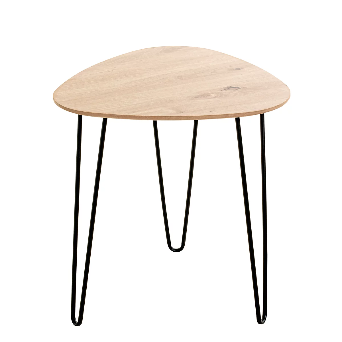 Detailopname van een ronde houten tafel met zwarte metalen poten, houtnerf zichtbaar.