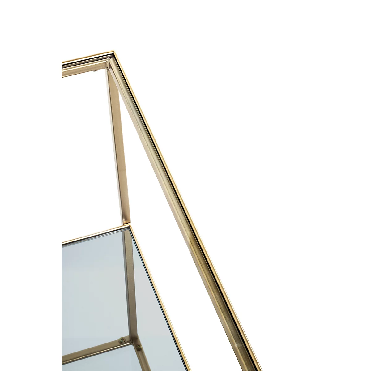 Vierkante, goudkleurige salontafel met glazen bladen. Afmetingen zijn gegeven.