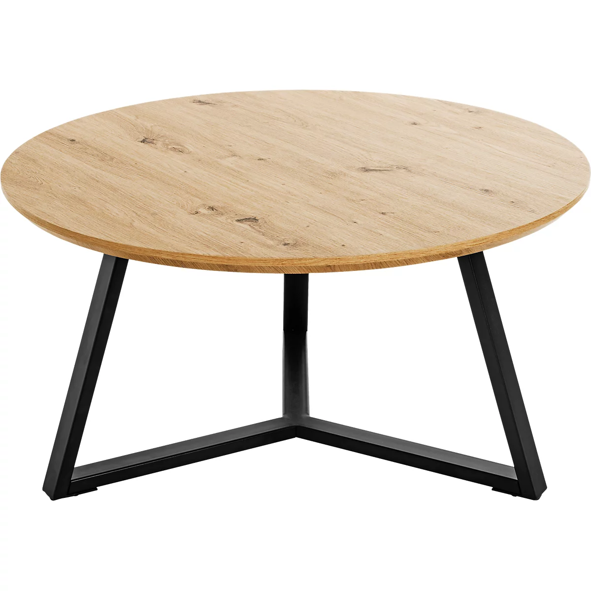 Runder Couchtisch aus Holz mit schwarzem Metallgestell. Die Tischplatte ist hellbraun, das Gestell schwarz und dreibeinig.