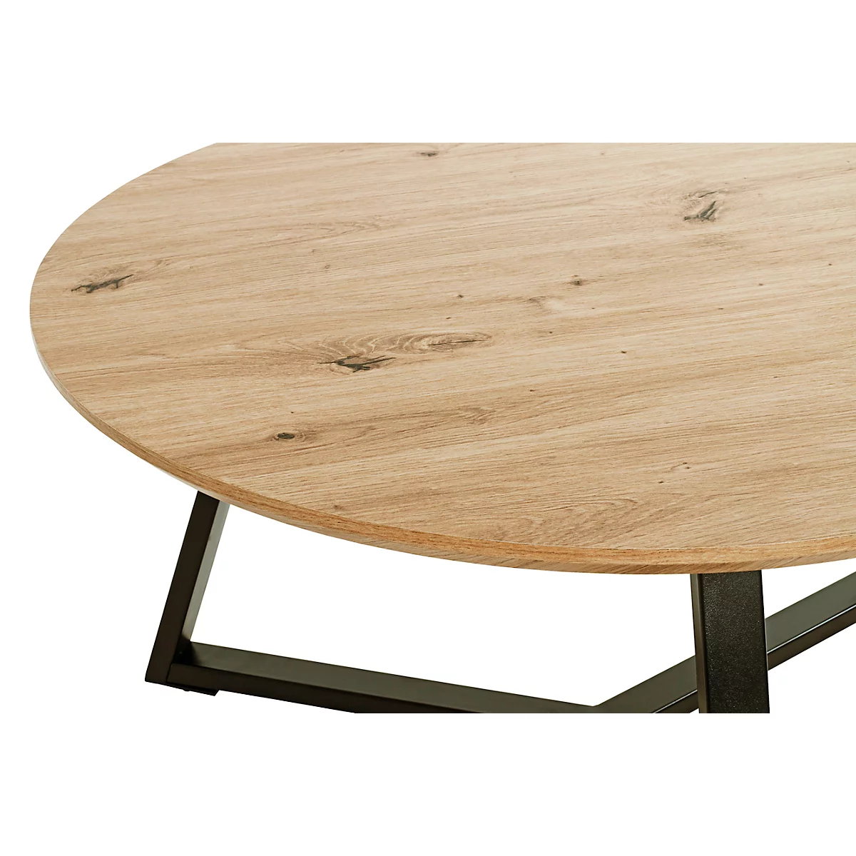 Table basse ronde, plateau en bois avec cadre en métal noir.