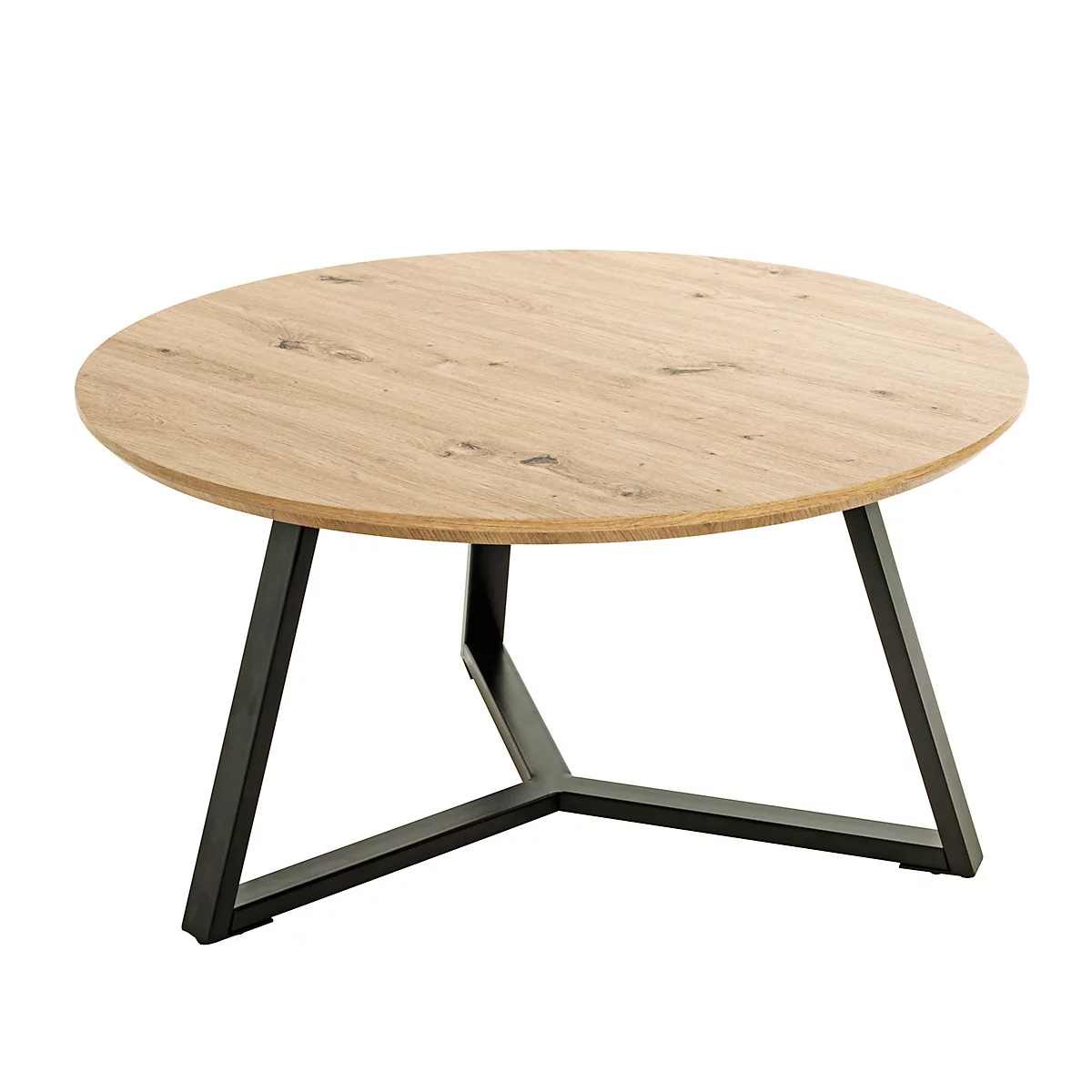 Table basse ronde avec plateau en bois et cadre en métal noir.
