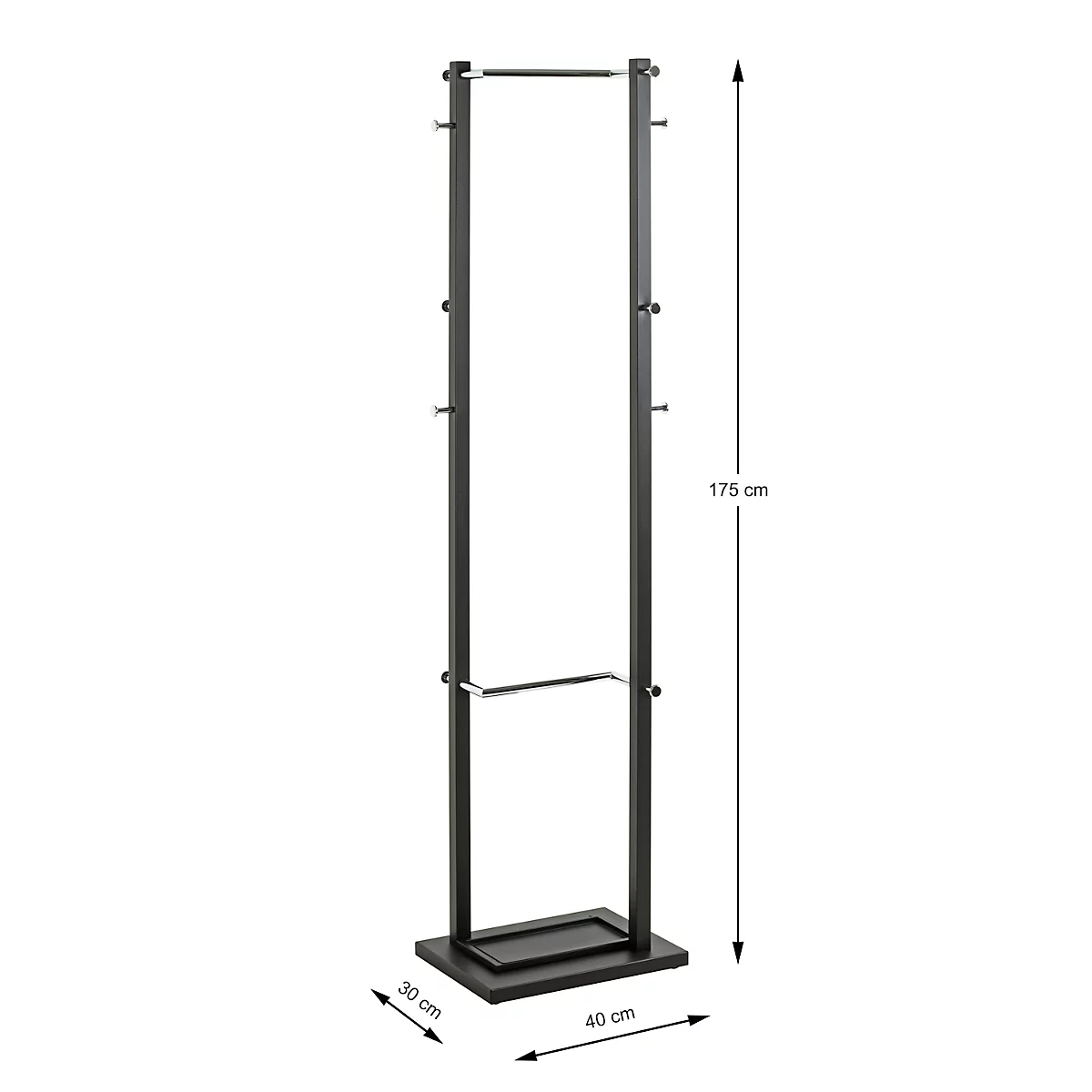 Zwarte kapstok met haken en plank, afmetingen: 175 cm hoog, 40 cm breed, 30 cm diep.