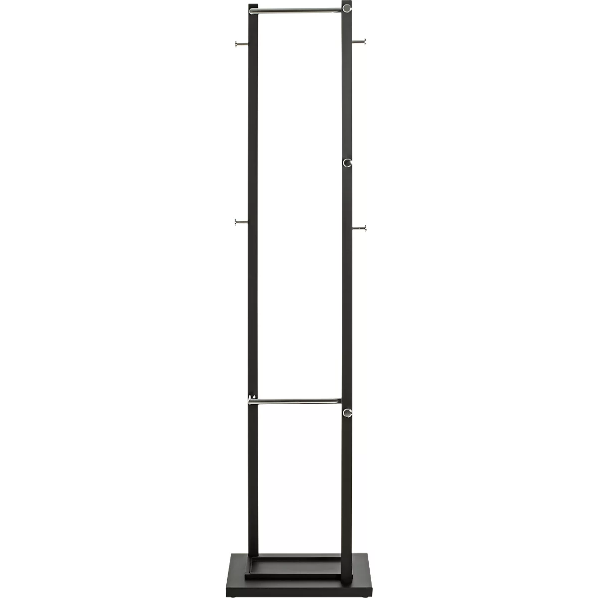 Zwarte kledingrek met twee horizontale stangen om kleding op te hangen, metalen frame.