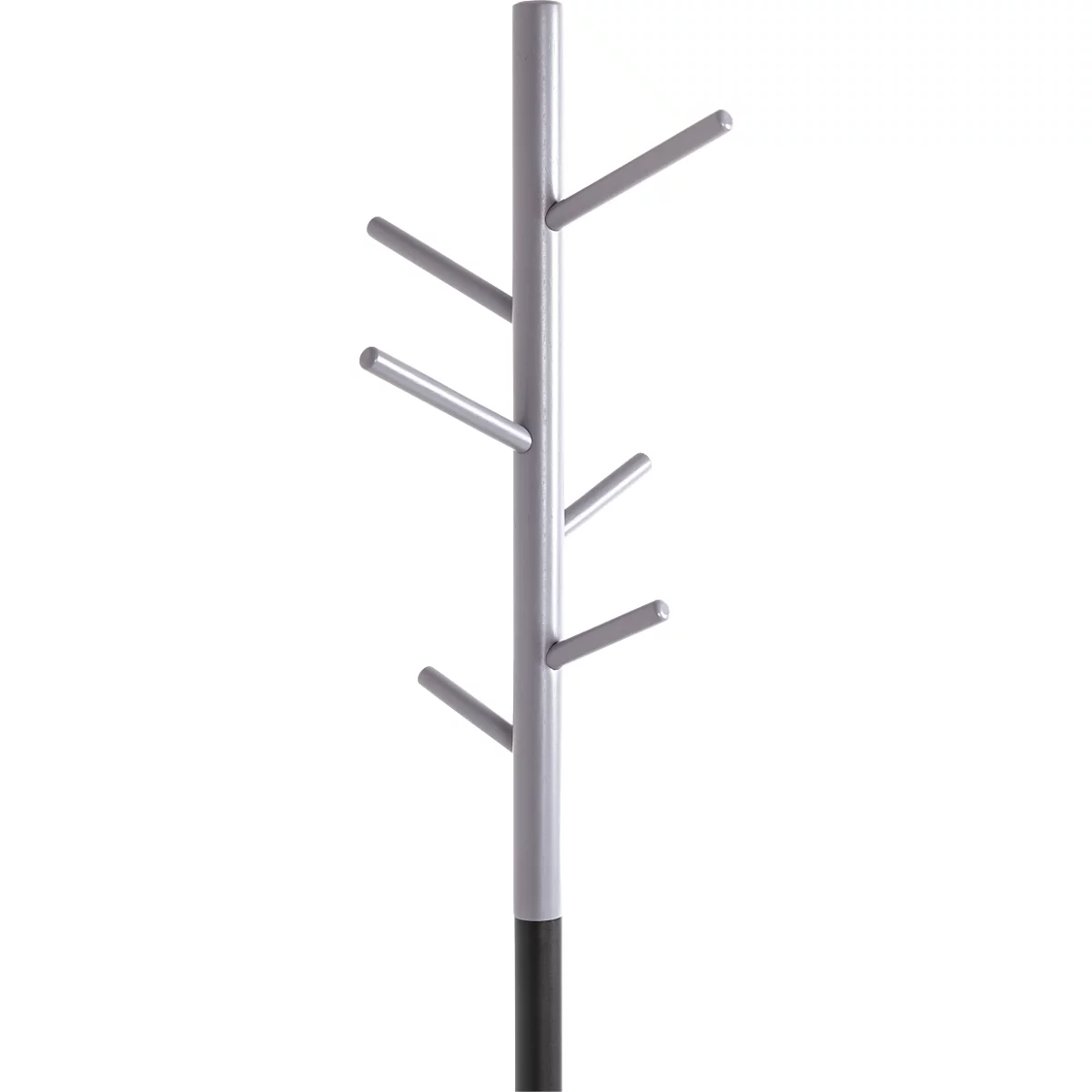 Grijze, minimalistische kapstok met zwarte voet. Meerdere staven komen uit de standaard.