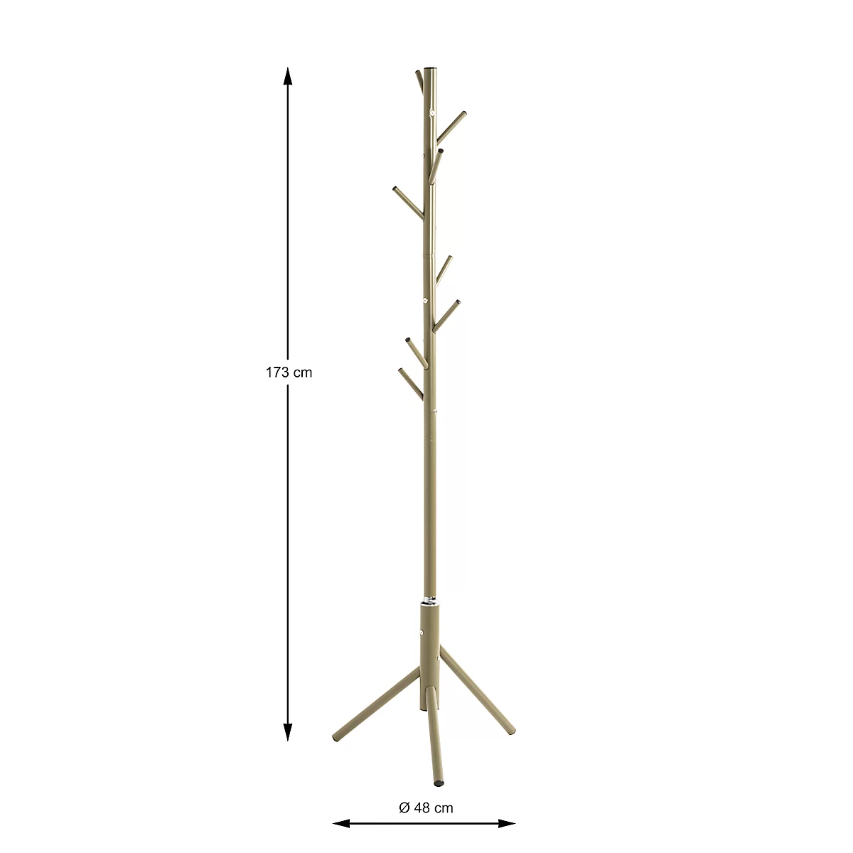 Beige kapstok, 173 cm hoog, 48 cm in diameter, met zijhaken, op een lichte achtergrond.