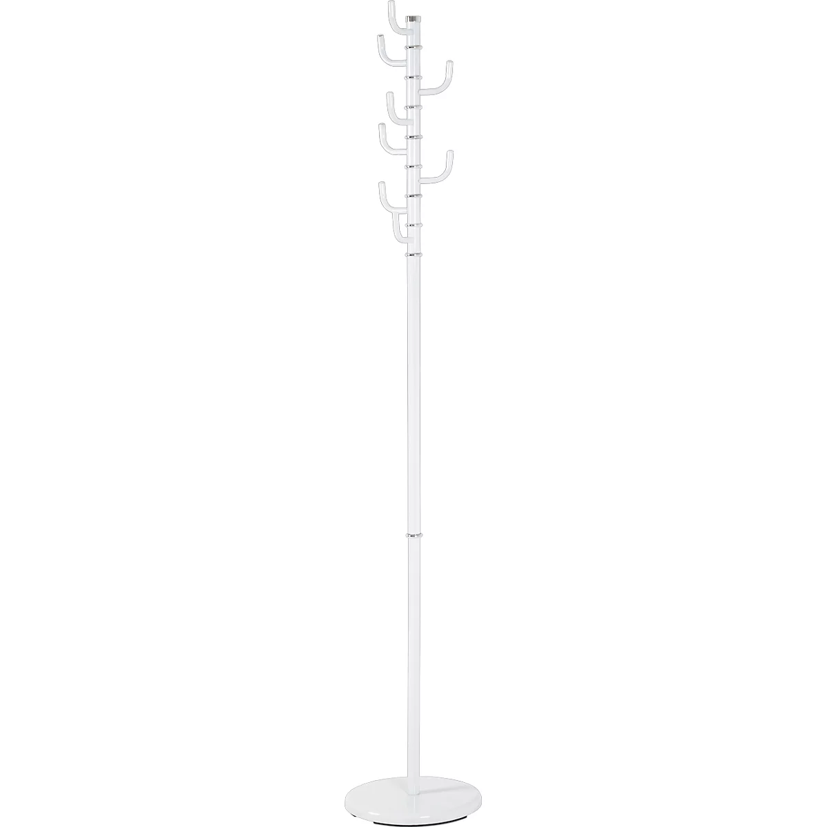 Een witte kapstok tegen een neutrale achtergrond. Het heeft een ronde basis, een slank middengedeelte en afgeronde haken.