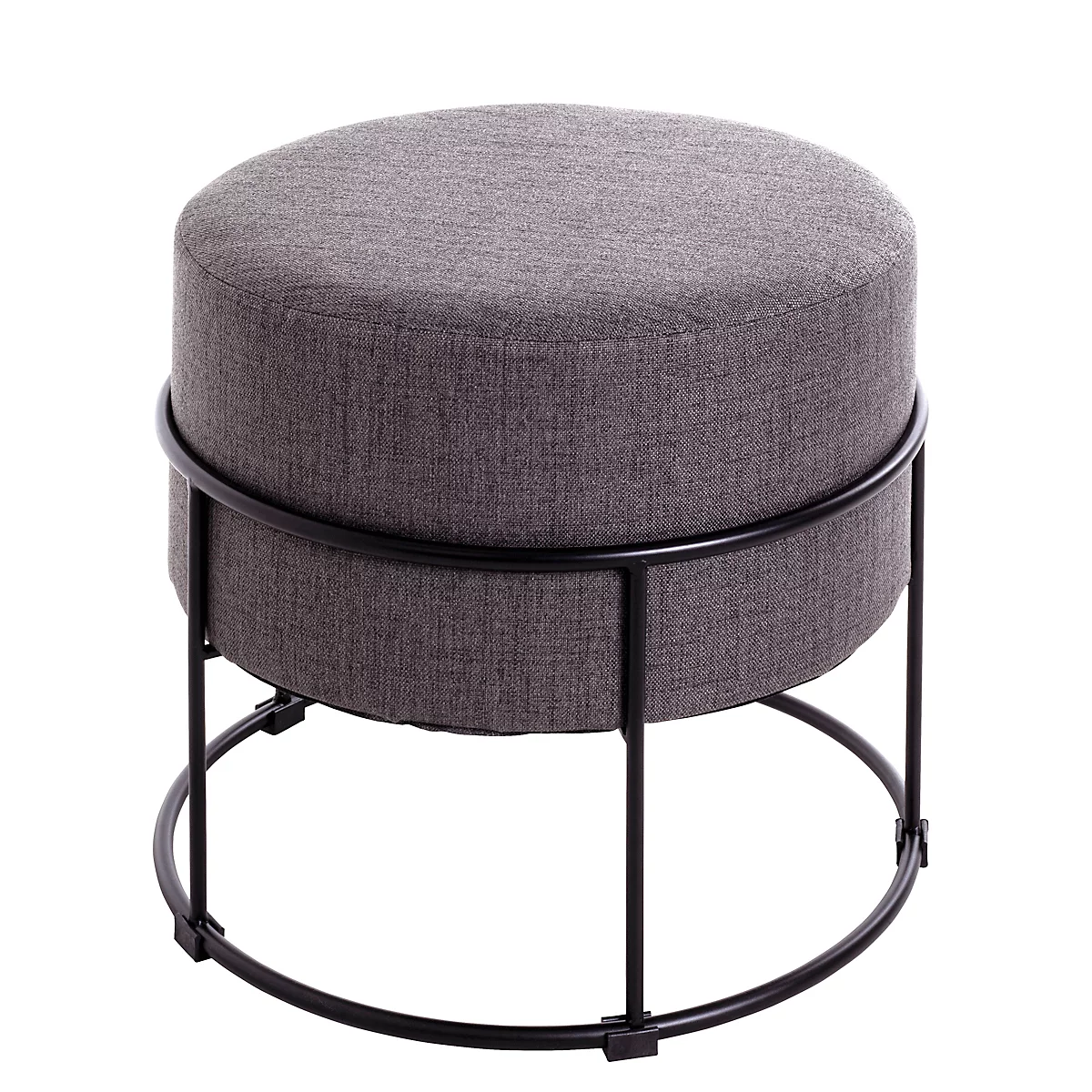 Ronde kruk met grijze stoffen bekleding en zwart metalen frame.