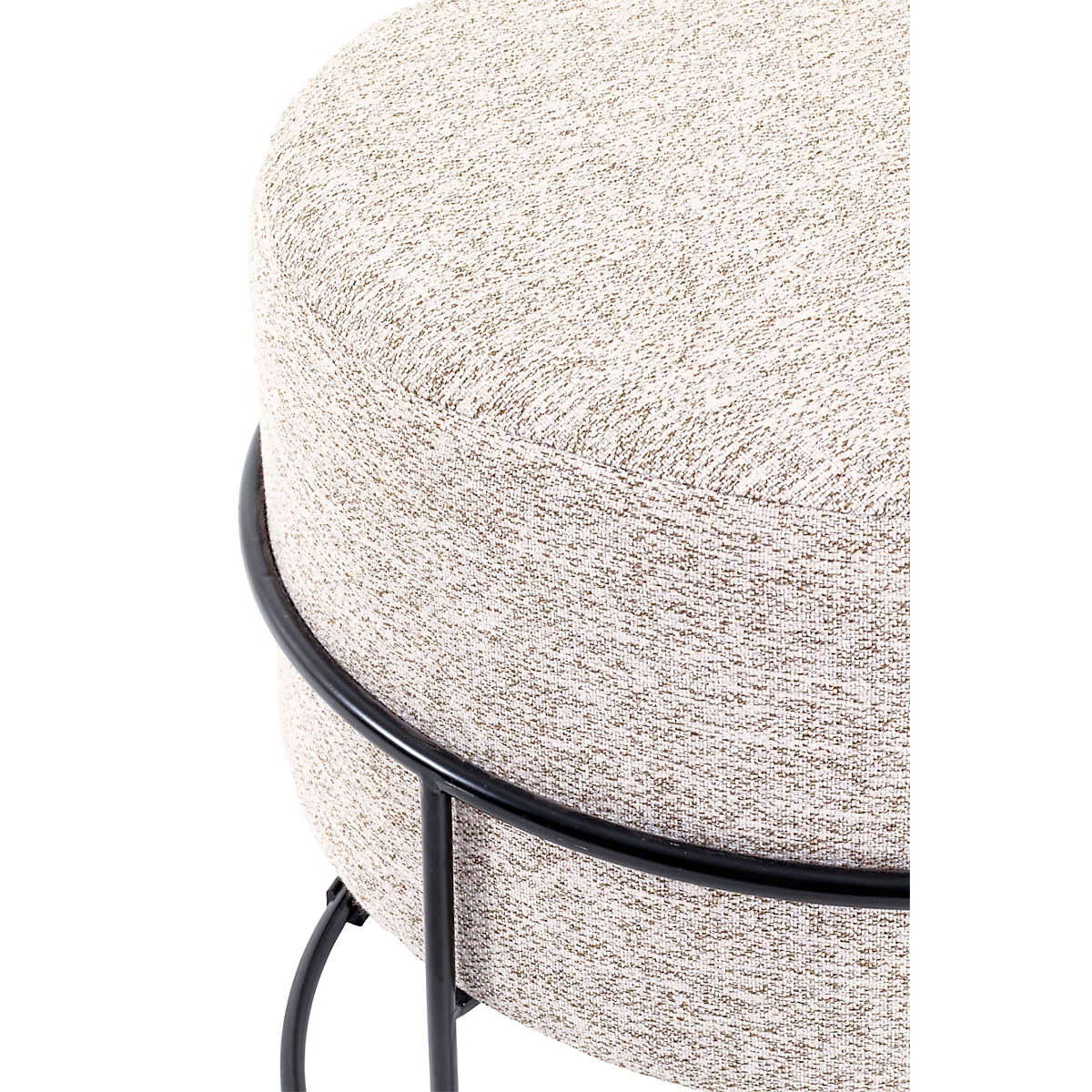 Ronde kruk, bekleed met beige stof, op zwart metalen frame, afmetingen. Diameter 48 cm, hoogte 44 cm.