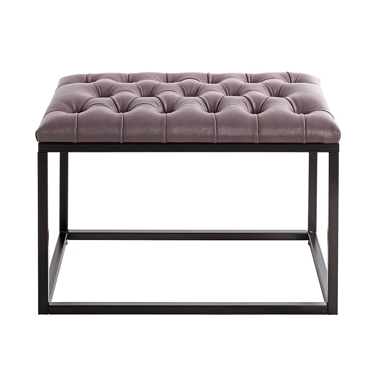 Vierkante hocker met gecapitonneerde, taupekleurige bovenkant en zwart metalen frame.