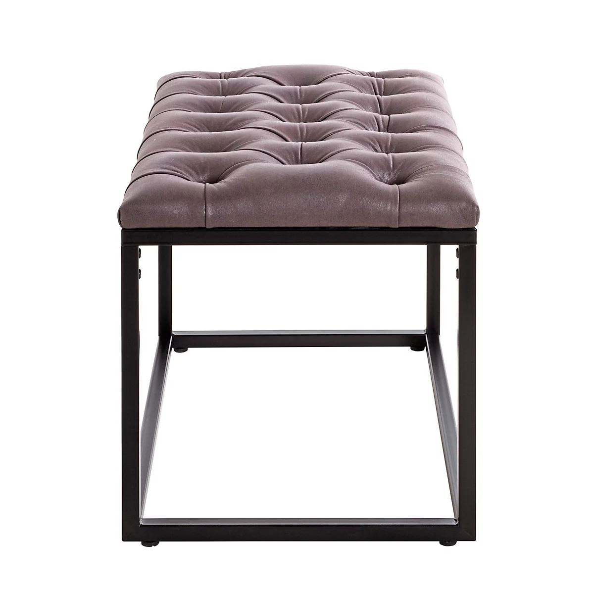 Gestoffeerde kruk met bruin lederen bekleding en zwart metalen frame.