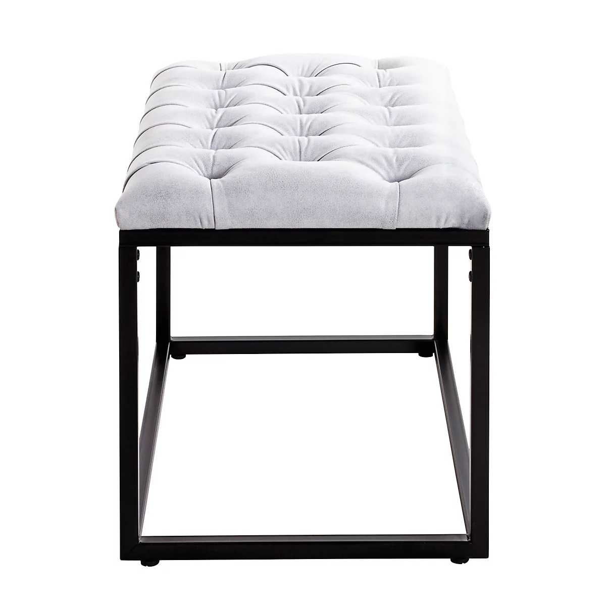 Gevulde ottoman met knoopontwerp. Lichtgrijze zitting, zwart metalen frame.