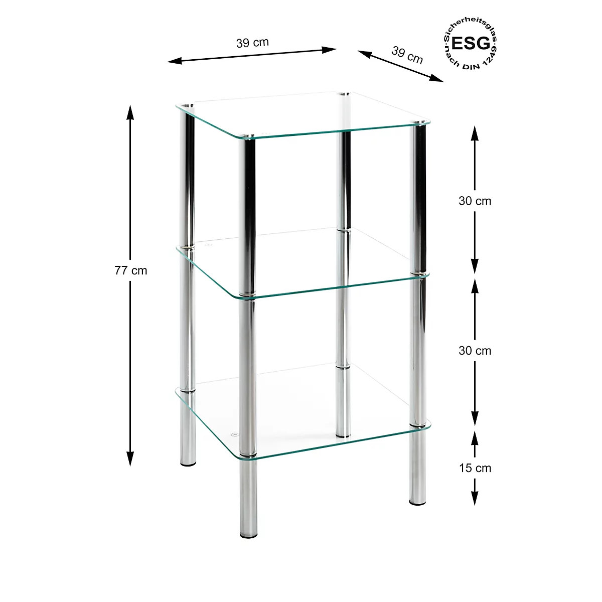 Drietraps bijzettafel met vierkante glazen planken en zilveren poten. Afmetingen: 39x39x77 cm.