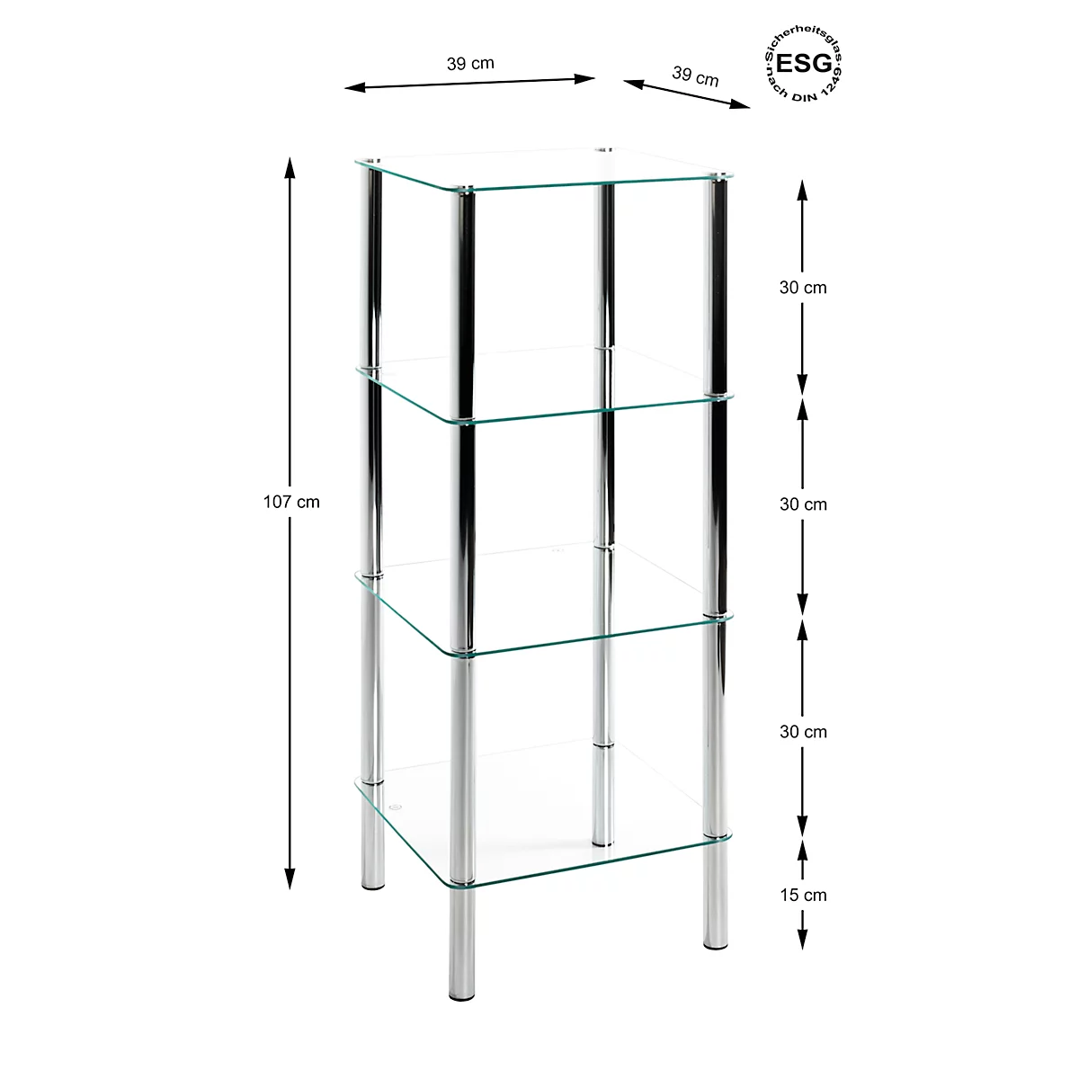 Glazen plank met 4 niveaus, verchroomde kolommen. Afmetingen: 39cm x 39cm x 107cm. ESG-zegel.