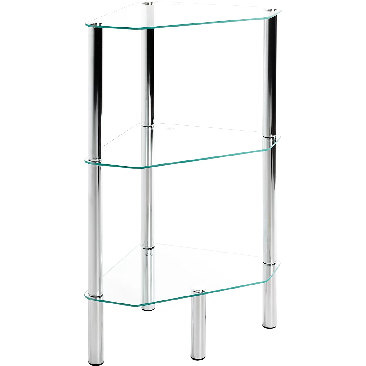 Hoekrek met drie glazen planken en een verchroomd frame. Driehoekige glazen platen die op verticale, cilindrische chroombuizen rusten.