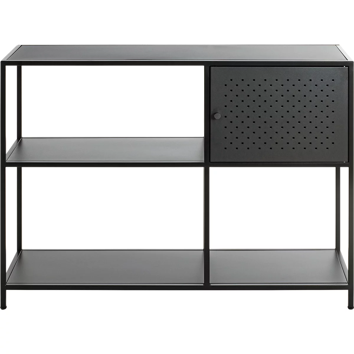 Zwart metalen rek met drie planken en een geperforeerde deur.