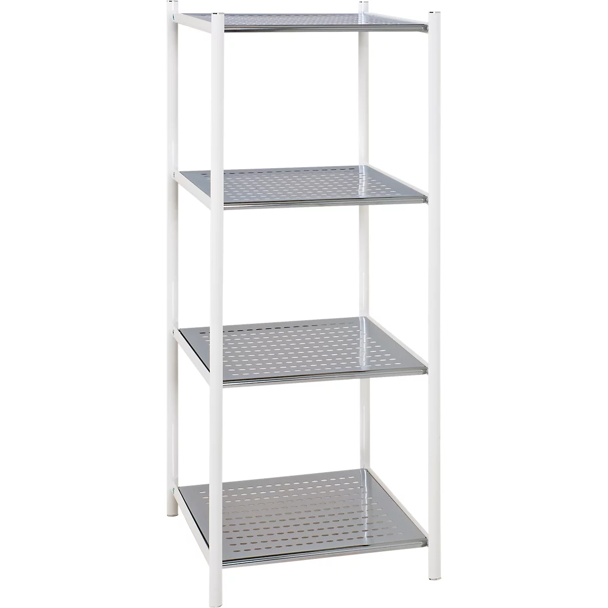 Rek met vier grijze planken en een wit frame, gedetailleerd geperforeerd.