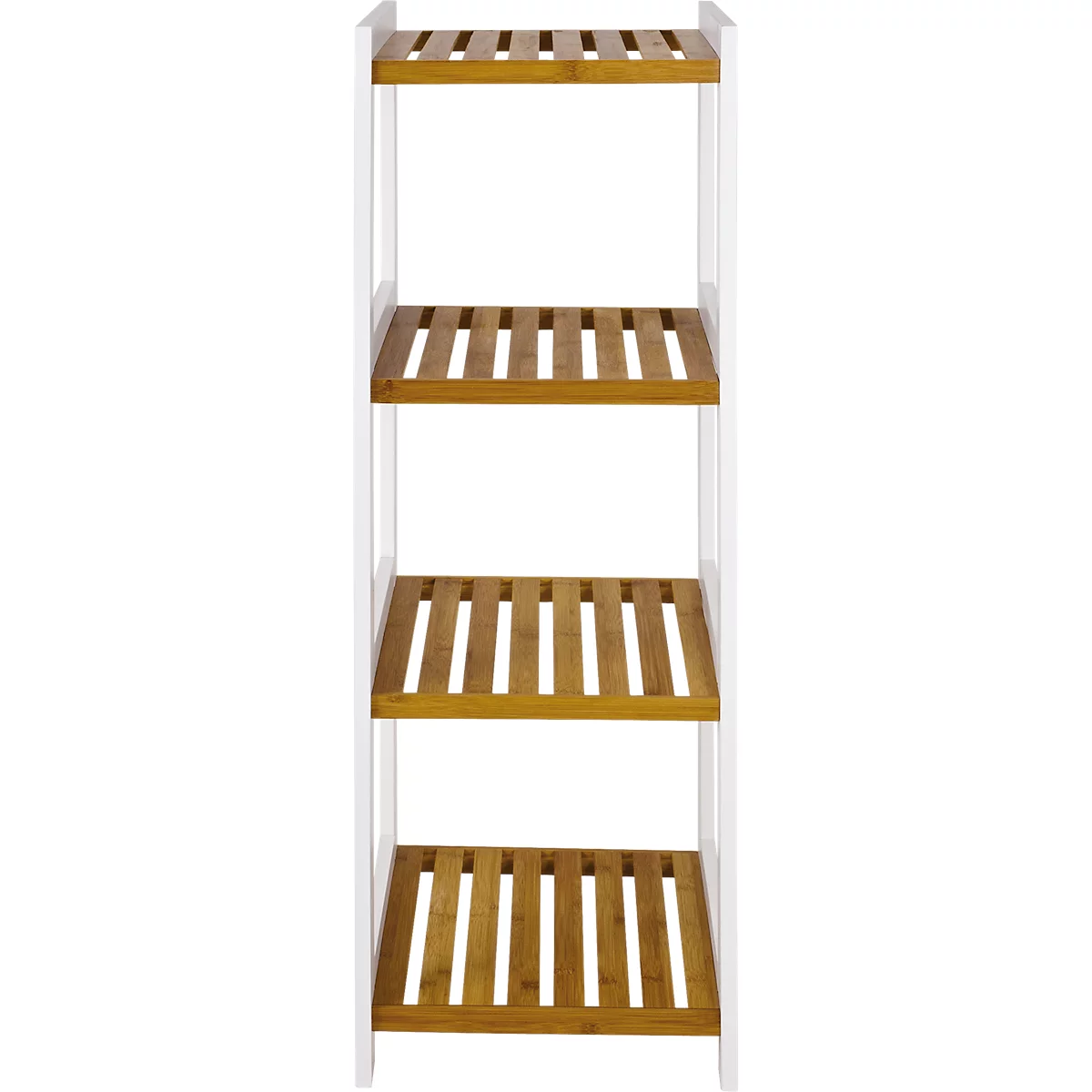 Bamboe plankenrek met vier niveaus, wit frame en lichtbruine planken.
