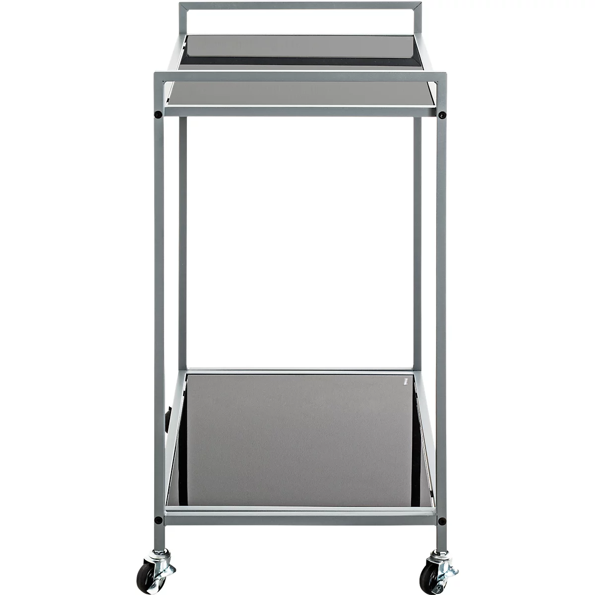 Grey serving cart with two shelves and casters. Metal frame, rectangular surfaces.
