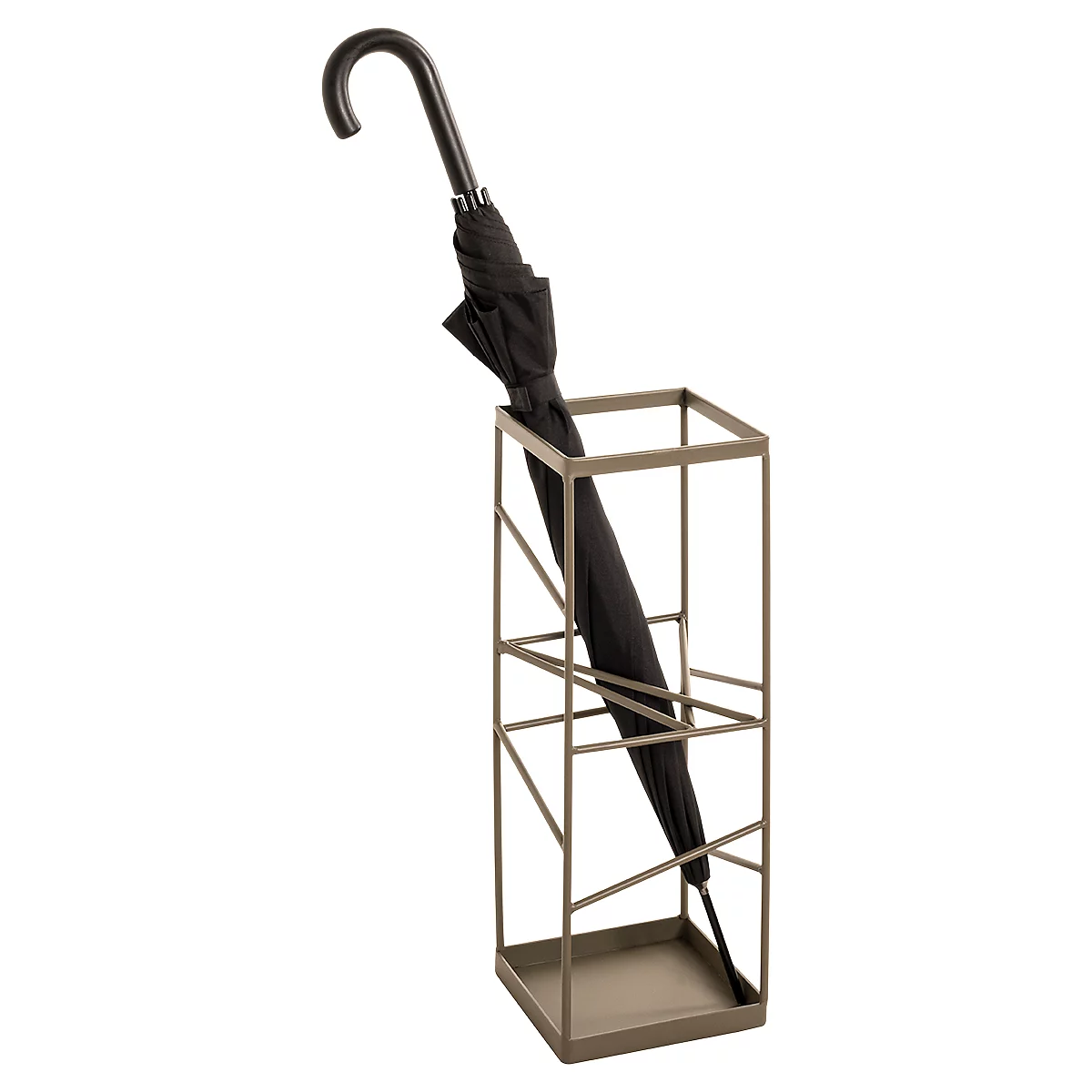 Zwarte paraplu in een vierkante metalen standaard met een vierkante basis.