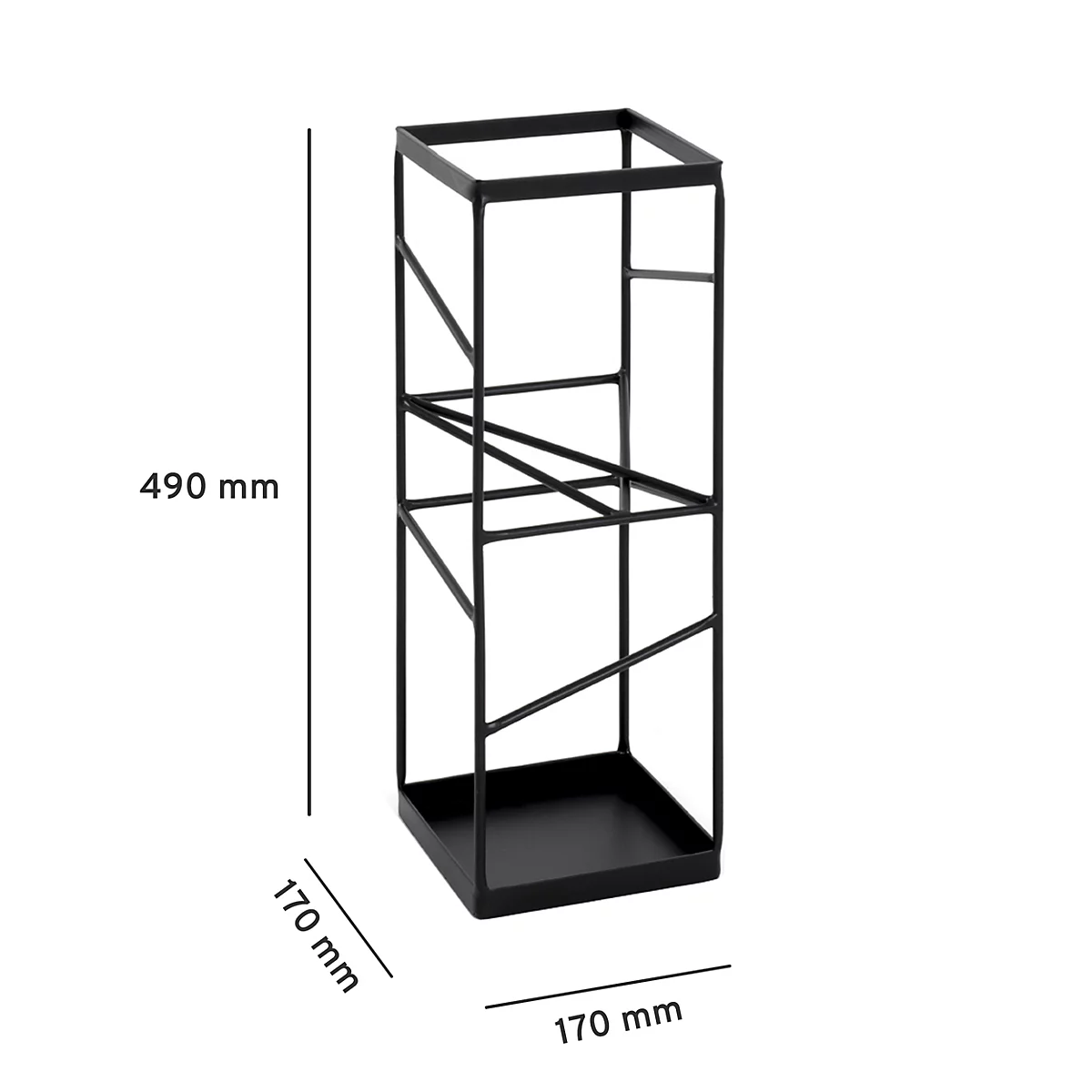 Zwarte metalen plank met afmetingen van 170x170x490 mm. De plank heeft een vierkante basis en een geometrisch ontwerp.