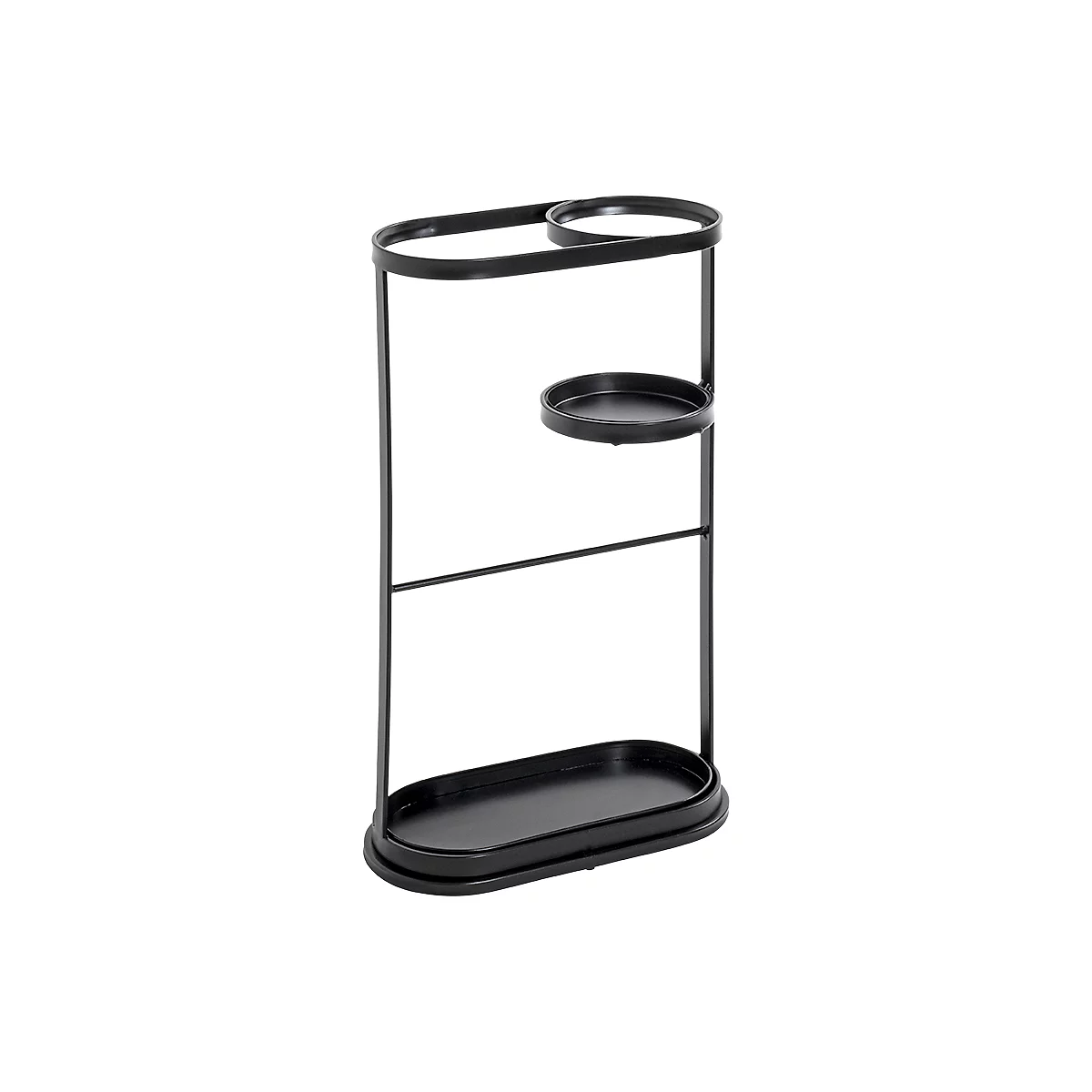 Zwarte metalen paraplubak met ovale en ronde planken.