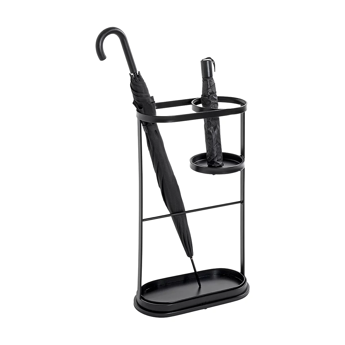 Zwarte metalen paraplubak met twee paraplu's.