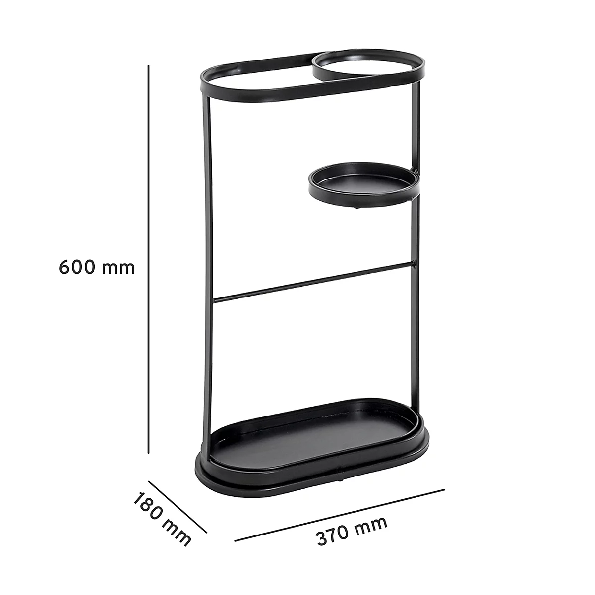 Zwarte parapluhouder. Ovale basis, plank, ring en bovenste houder. Afmetingen: 600 x 370 x 180 mm.