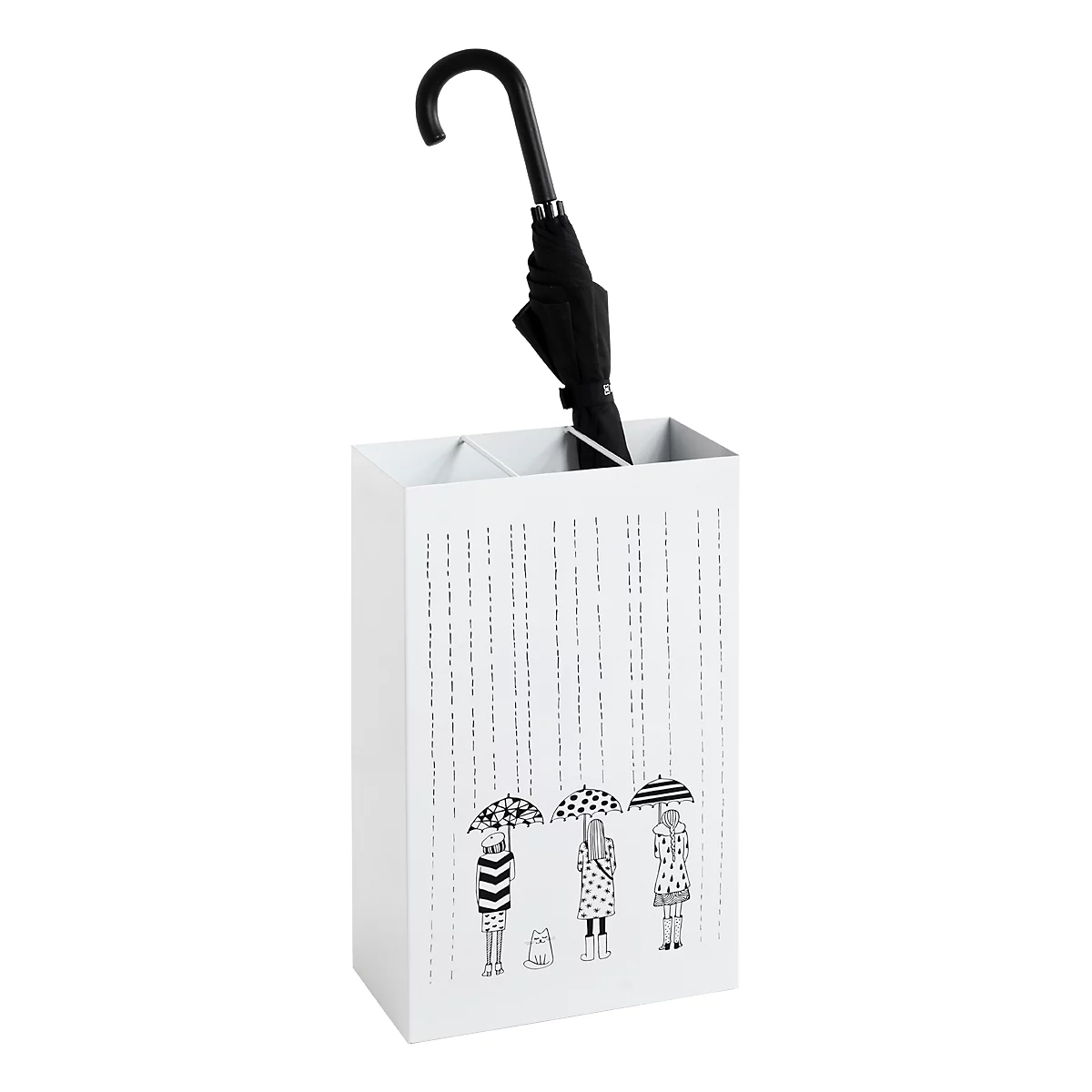 Witte paraplubak met regenmotief, met daarin een zwarte paraplu. Illustratie van drie mensen onder paraplu's.