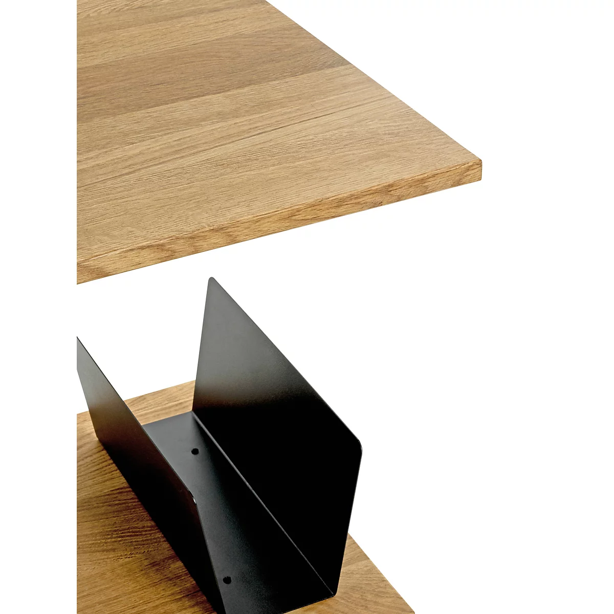 Houten bijzettafel met zwart opbergvak, afmetingen weergegeven. Rechts een schets van de houtstructuur.