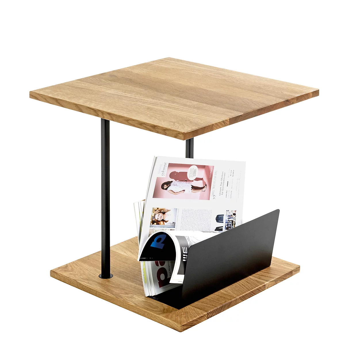 Vierkante houten bijzettafel met zwart frame en tijdschrifthouder.