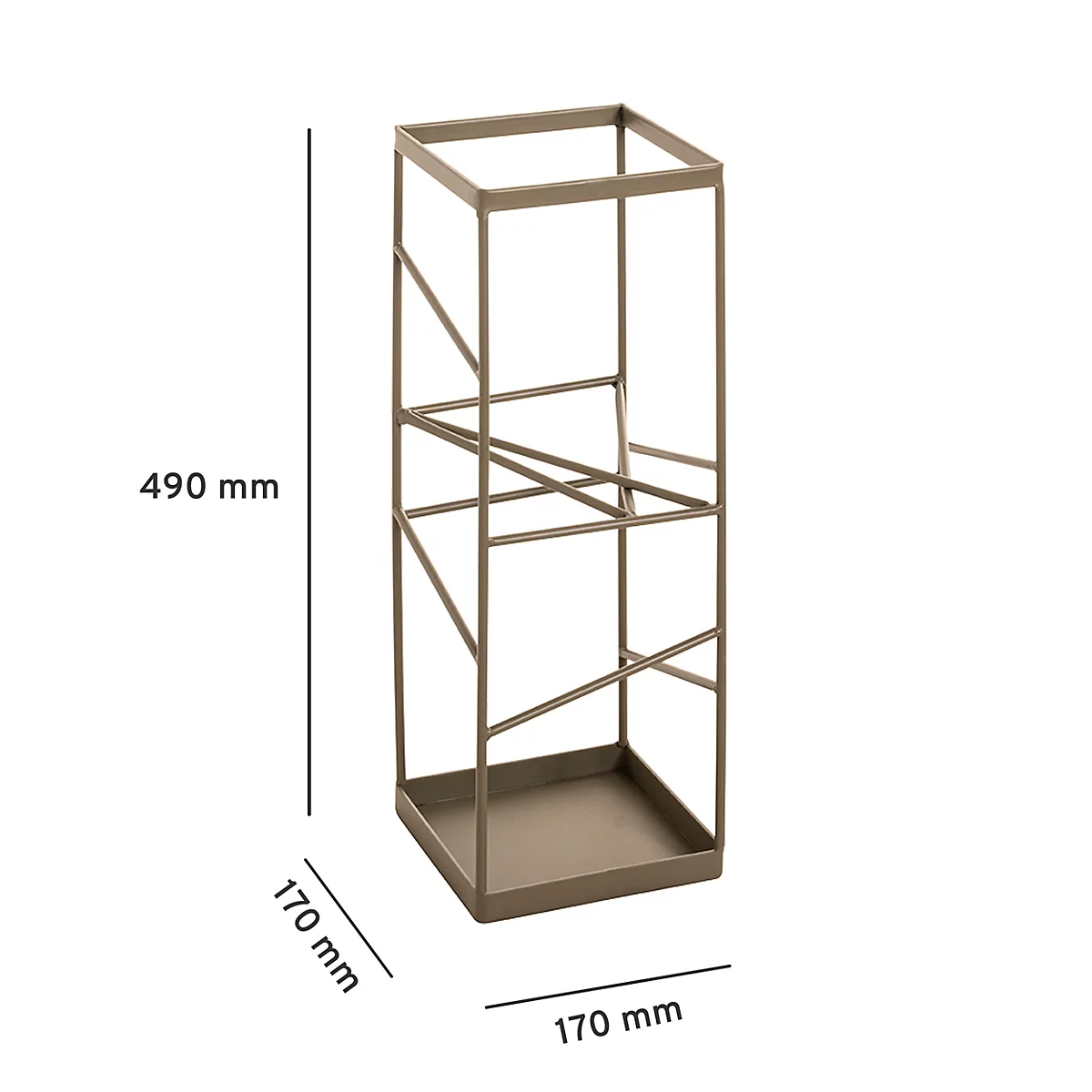 Hoher, metallfarbener Ständer, rechteckige Form, offenes Design. Maße: 490 x 170 x 170 mm.
