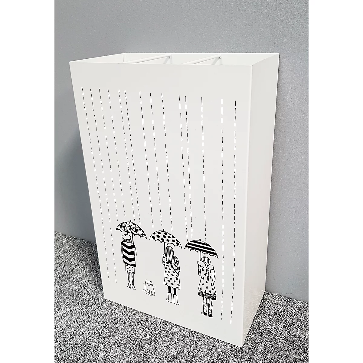 Weißer Papierkorb mit Regen- und Regenschirm-Illustrationen. Drei Personen unter Schirmen, Regen fällt. Grau melierter Boden.