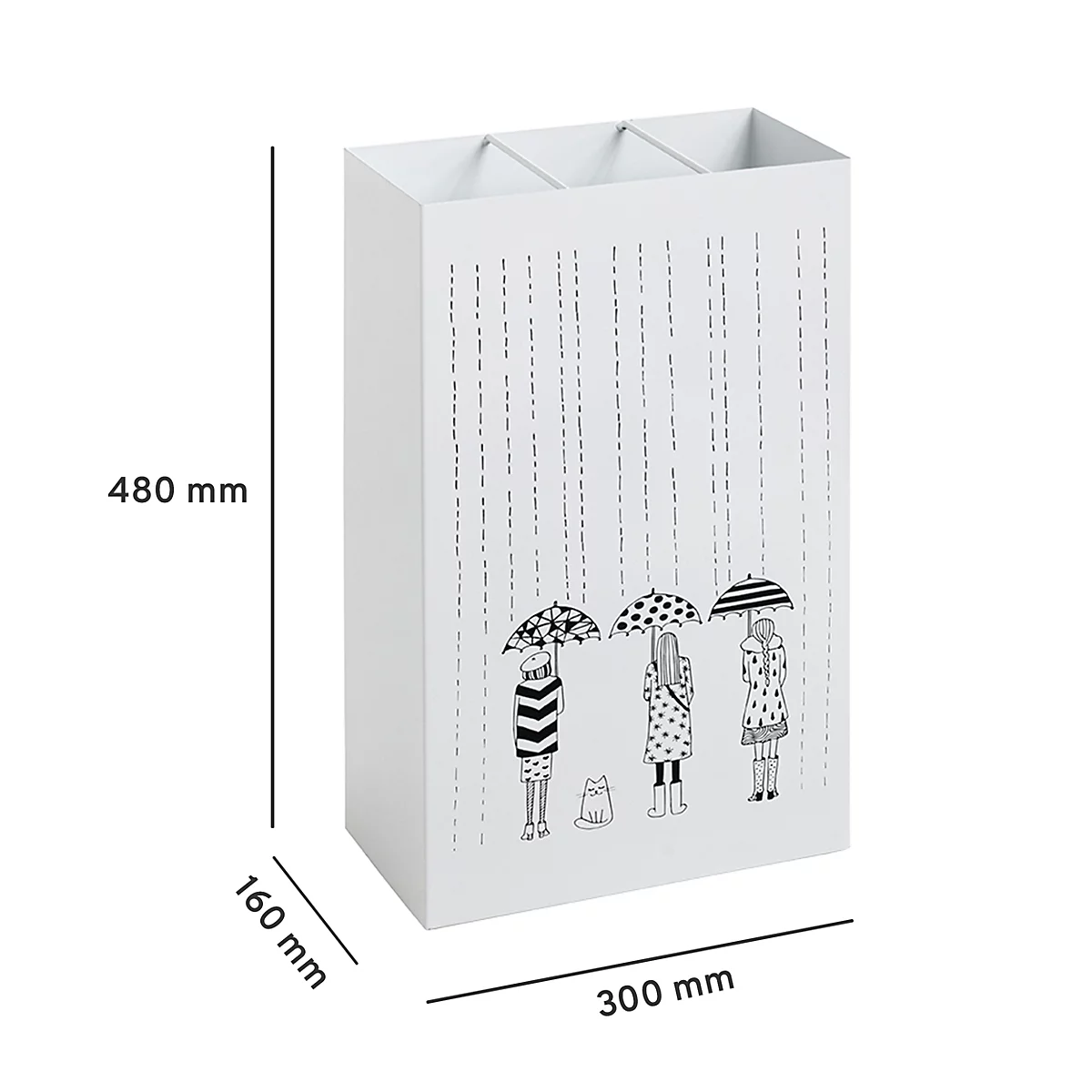Weißes Stifte-Aufbewahrungsbox mit Regenmotiv und Figuren mit Schirmen. Maße 480x300x160mm.
