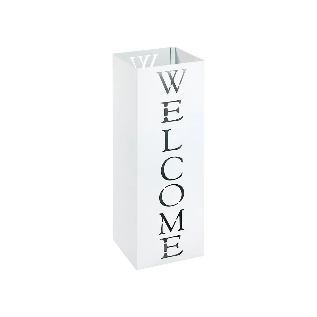 Weißer, rechteckiger Dekorationsbehälter mit „WELCOME“-Schriftzug.