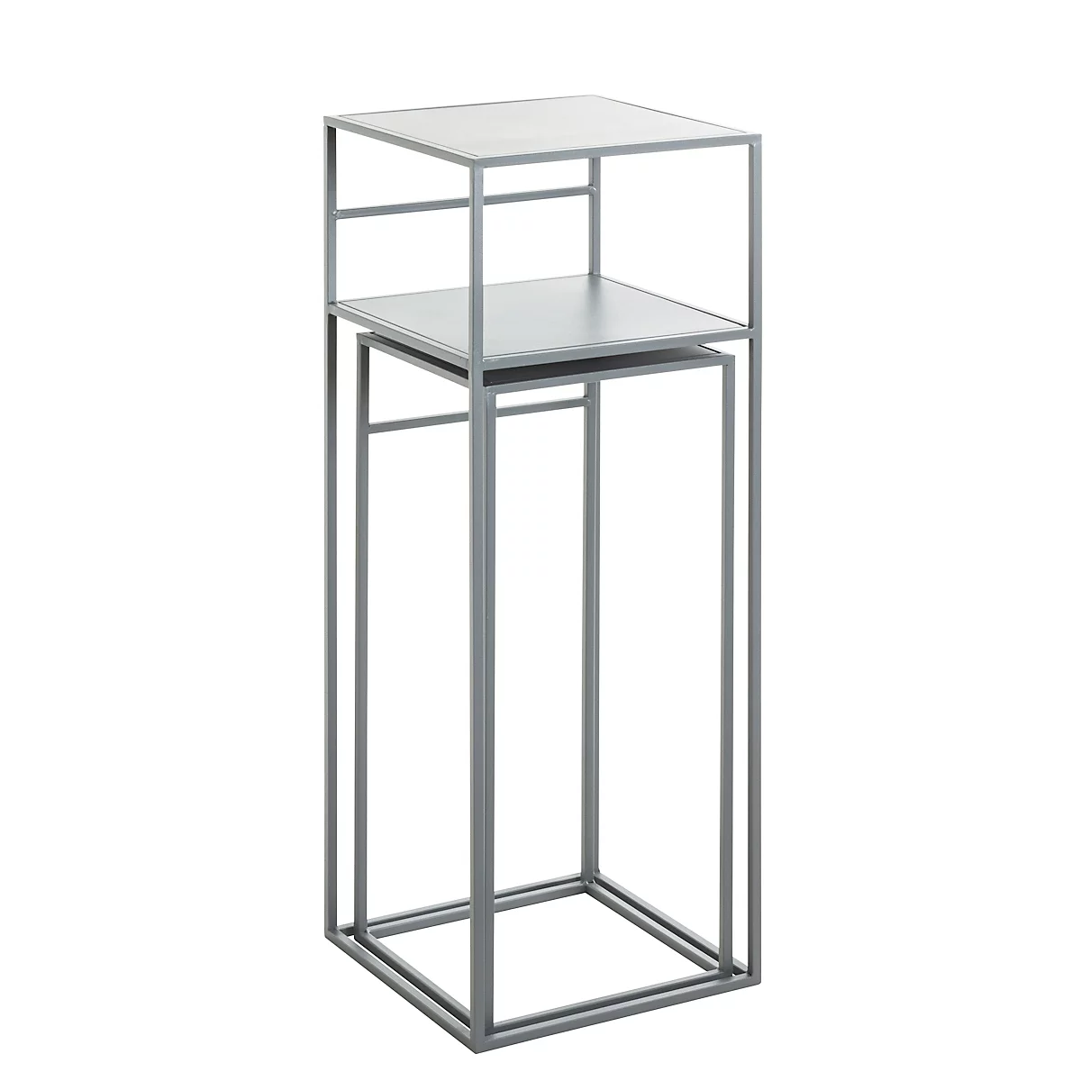 Table d'appoint en métal gris, à deux niveaux, avec des surfaces carrées et un cadre angulaire.