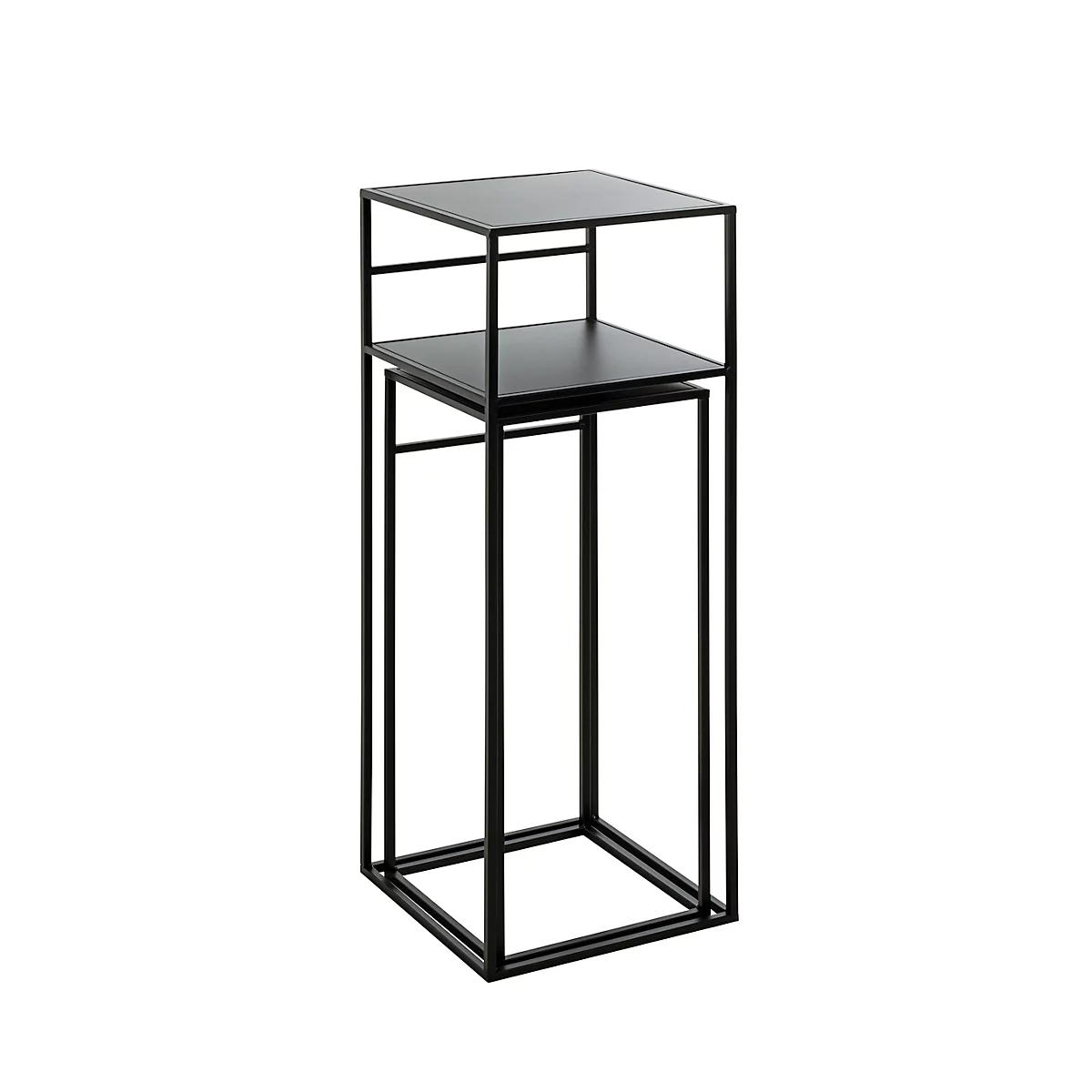 Table d'appoint noire à deux niveaux carrés, cadre métallique, minimaliste.