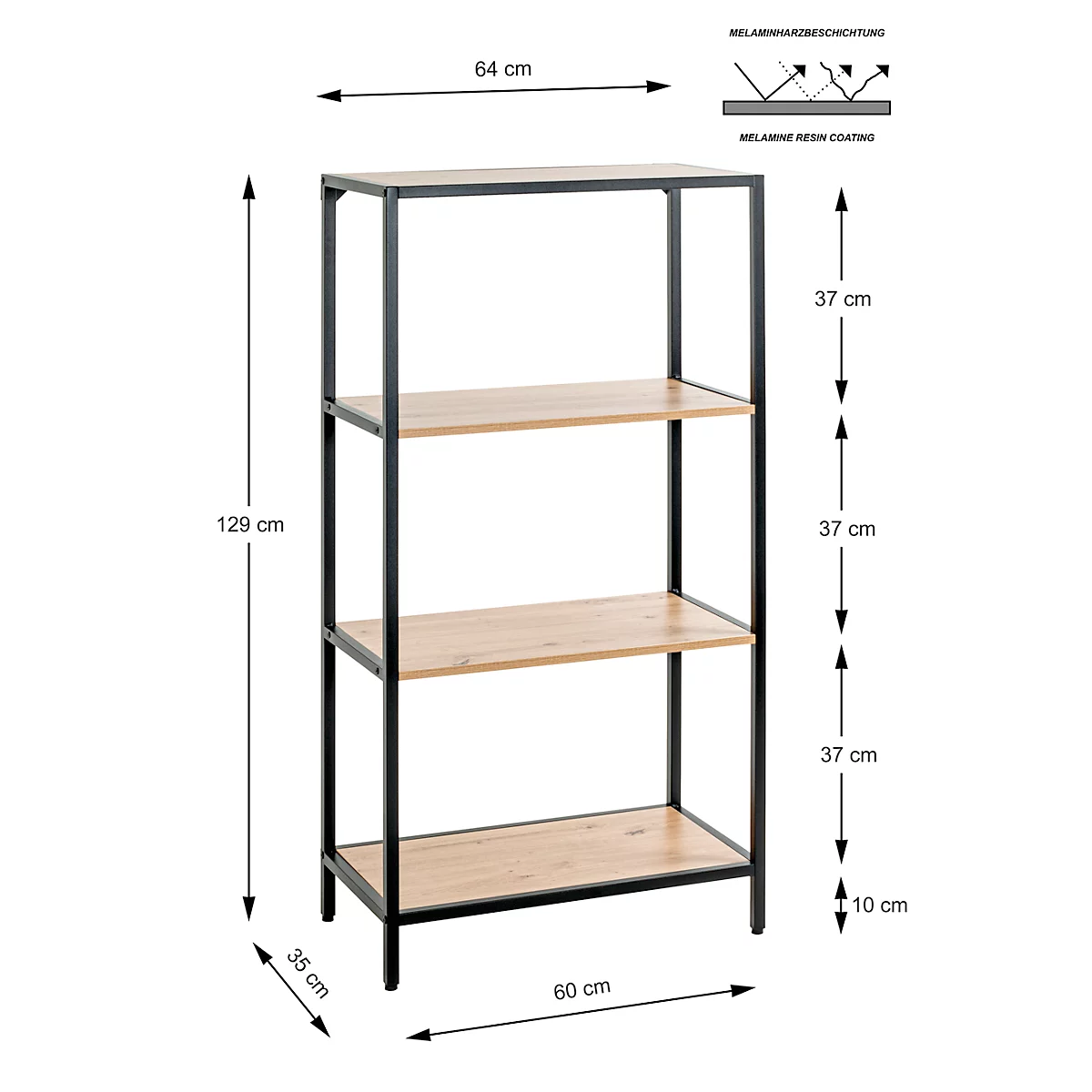 Rek met zwart metalen frame en houten planken, voorzien van afmetingen.