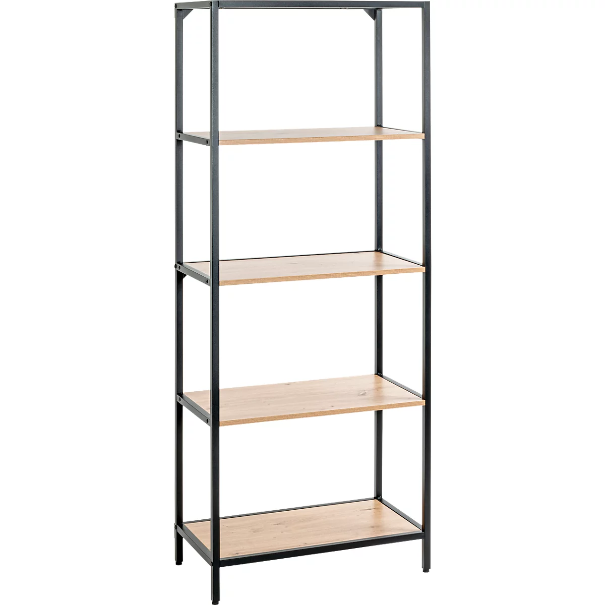 Hoge boekenplank met 4 lichte houten planken en een zwart metalen frame.