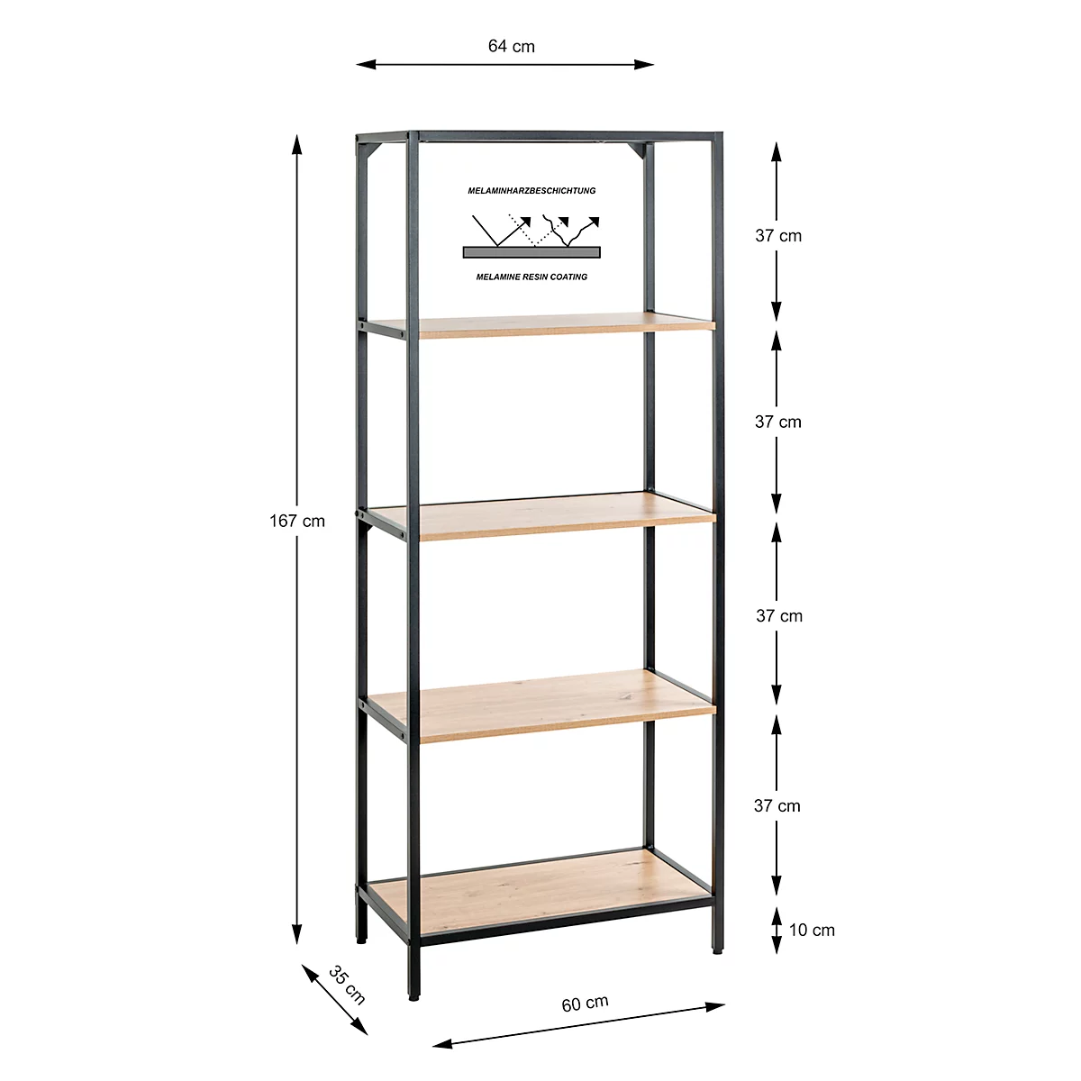 Een open plank met vier houten planken en een zwart metalen frame. Afmetingen: 167x64x35 cm. Label: Melaminehars coating.