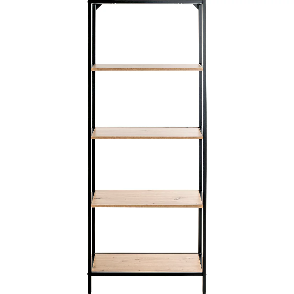 Zwart metalen stellingkast met houten planken. Het rek heeft vier planken.
