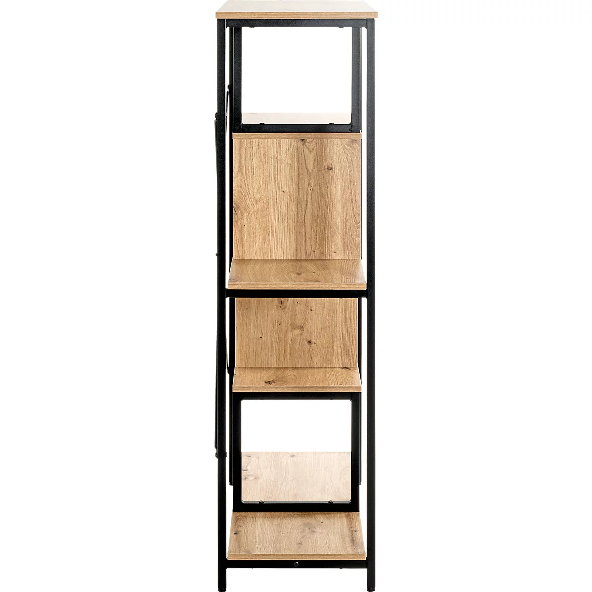 Een slank rek met houten planken en een zwart metalen frame, in detail getoond.