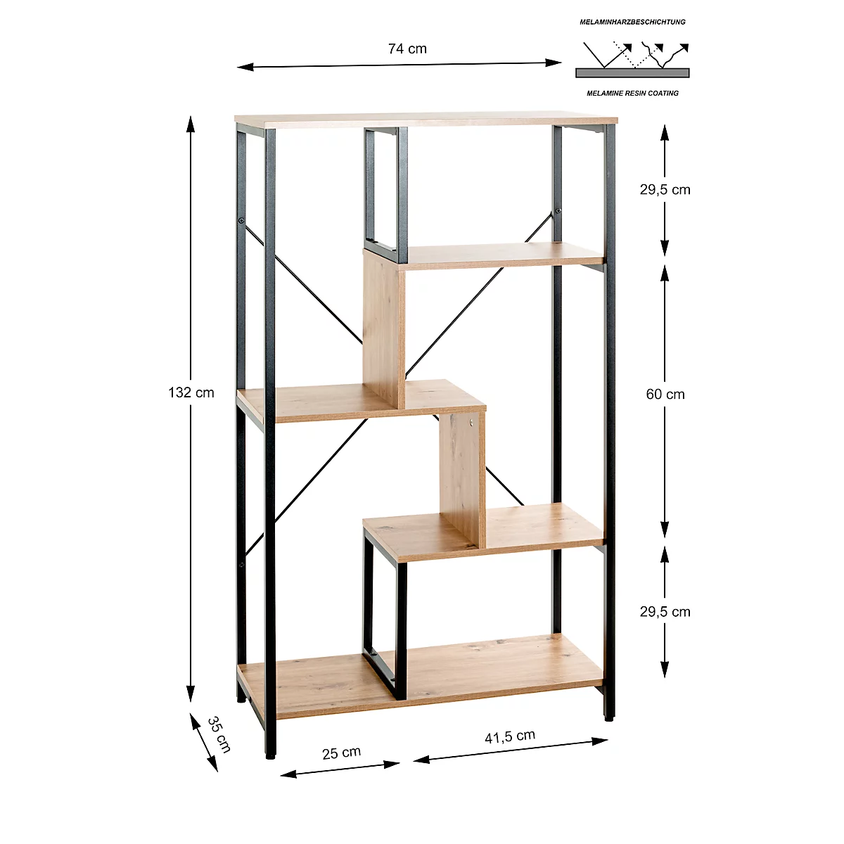 Een lichtgekleurde boekenplank met een zwart metalen frame. Het heeft vier open compartimenten en een interessante vorm. De afmetingen staan aangegeven.