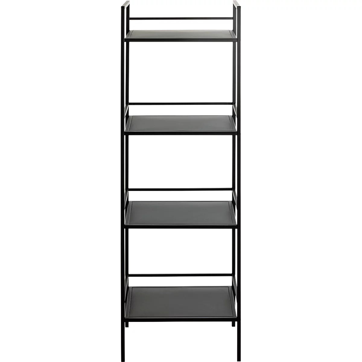 Zwart metalen rek met 4 planken. Open ontwerp voor boeken, decoratie.