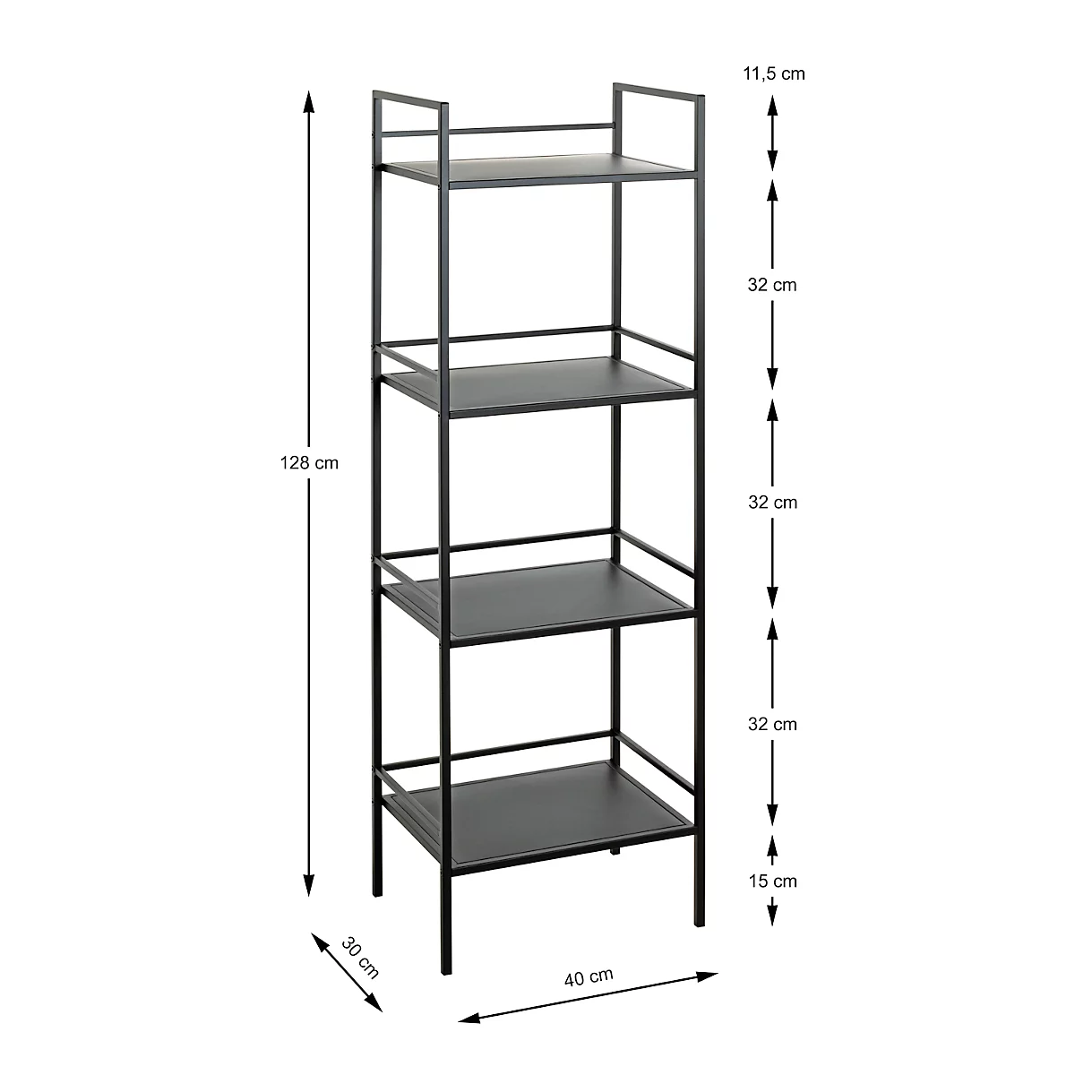 Zwarte metalen plank met 4 niveaus, afmetingen in cm. Hoogte 128 cm, breedte 40 cm, diepte 30 cm.