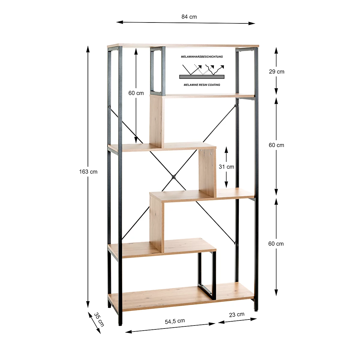 Boekenrek met houten planken en zwart metalen frame. Afmetingen en labels zijn afgebeeld.