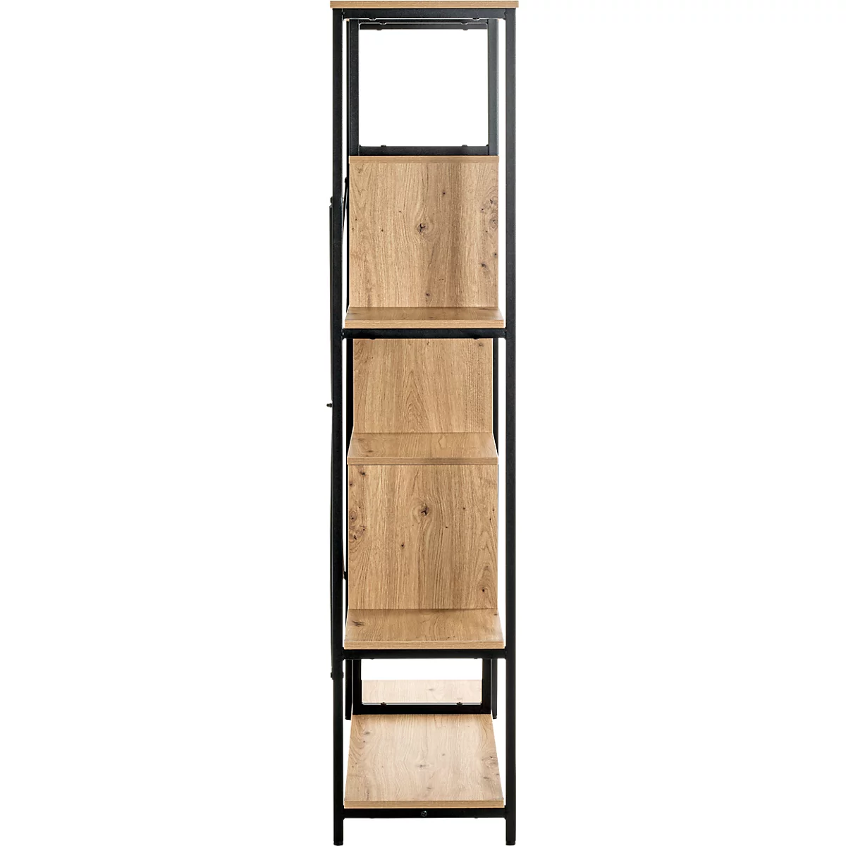 Hoge, smalle plank met houten planken en een zwart metalen frame. Meerdere compartimenten bieden opslagruimte.