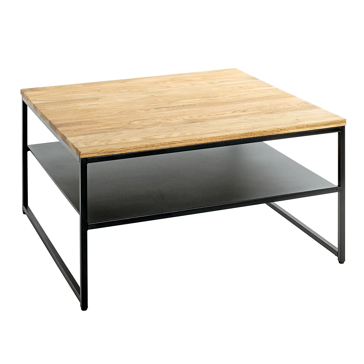 Table basse carrée, plateau en bois, cadre noir, étagère inférieure avec magazine, deux bols.