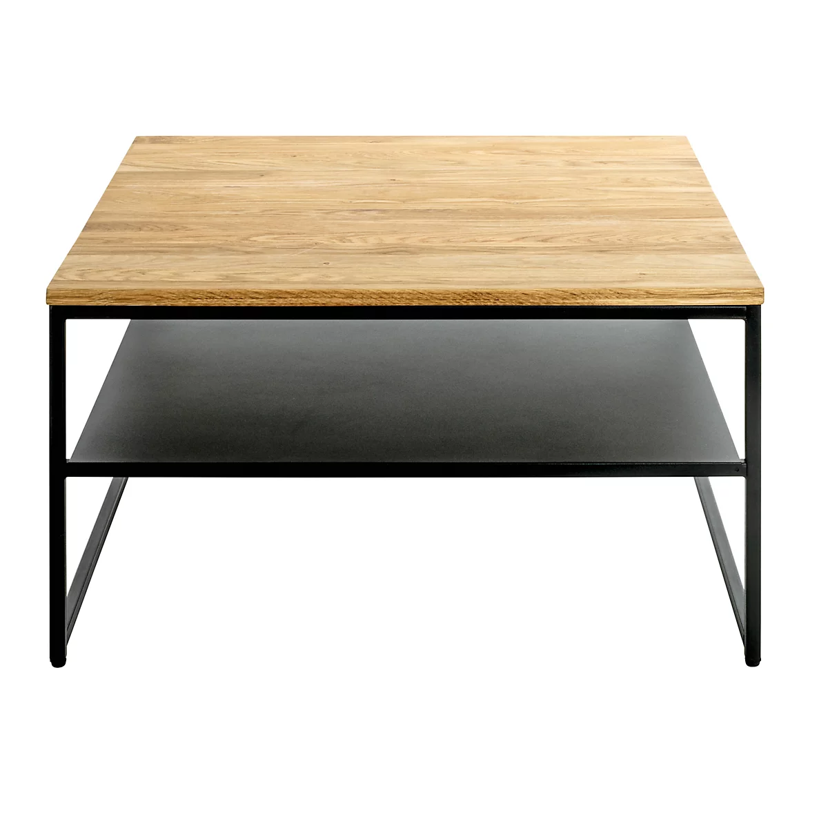 Table basse carrée avec un plateau en bois et un cadre en métal noir. En dessous du plateau, une étagère.